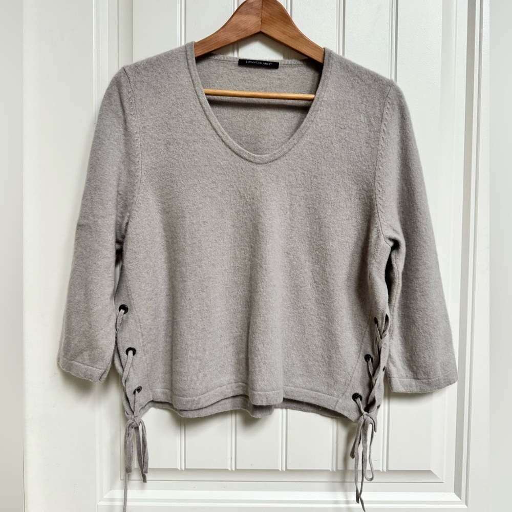 Luisa Cerano Oyster Wool/Silk/Cashmere Side Tie 3/4 Sleeve Sweater. Size 10